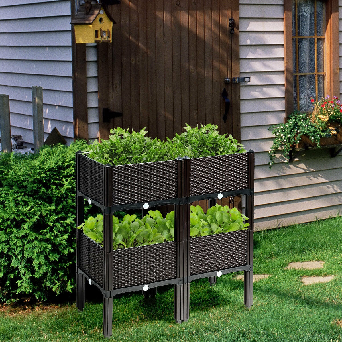 Lot de 4 jardinières surélevées pour fleurs, légumes et herbes aromatiques - Marron