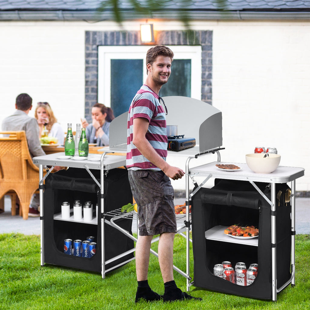 Table de camping pliante avec organisateur de rangement - Noir