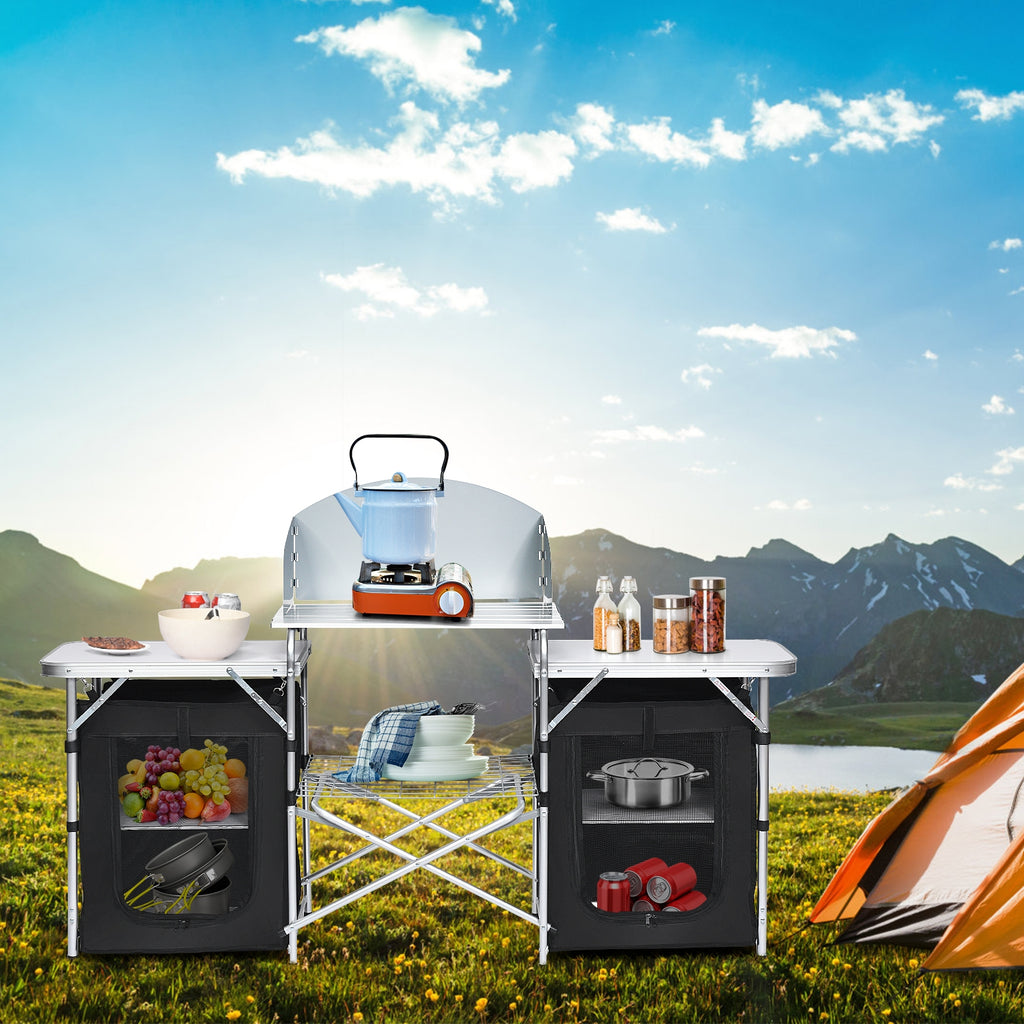 Table de camping pliante avec organisateur de rangement - Noir