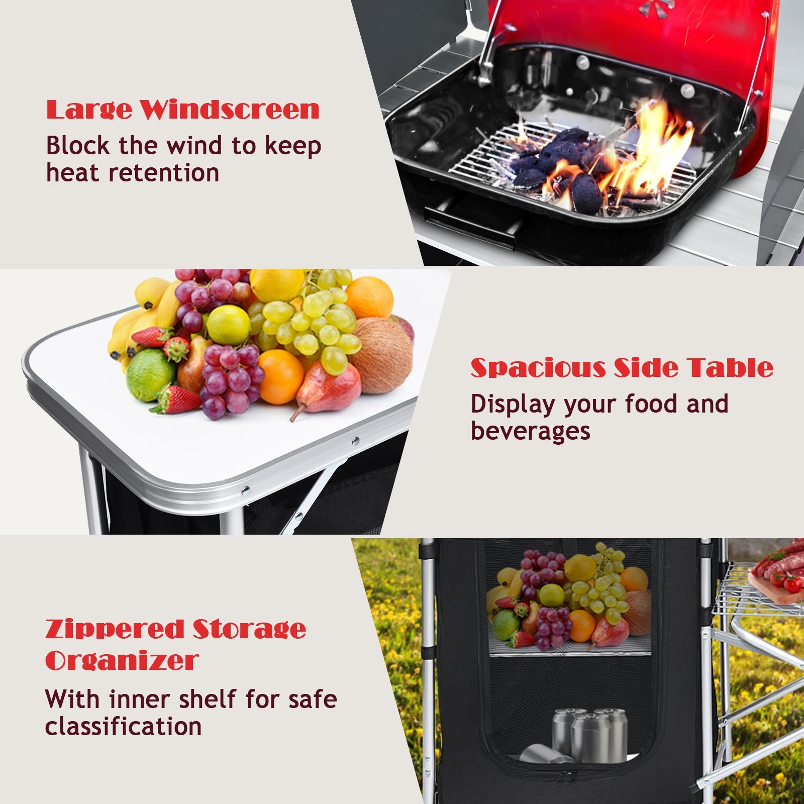 Table de camping pliante avec organisateur de rangement - Noir