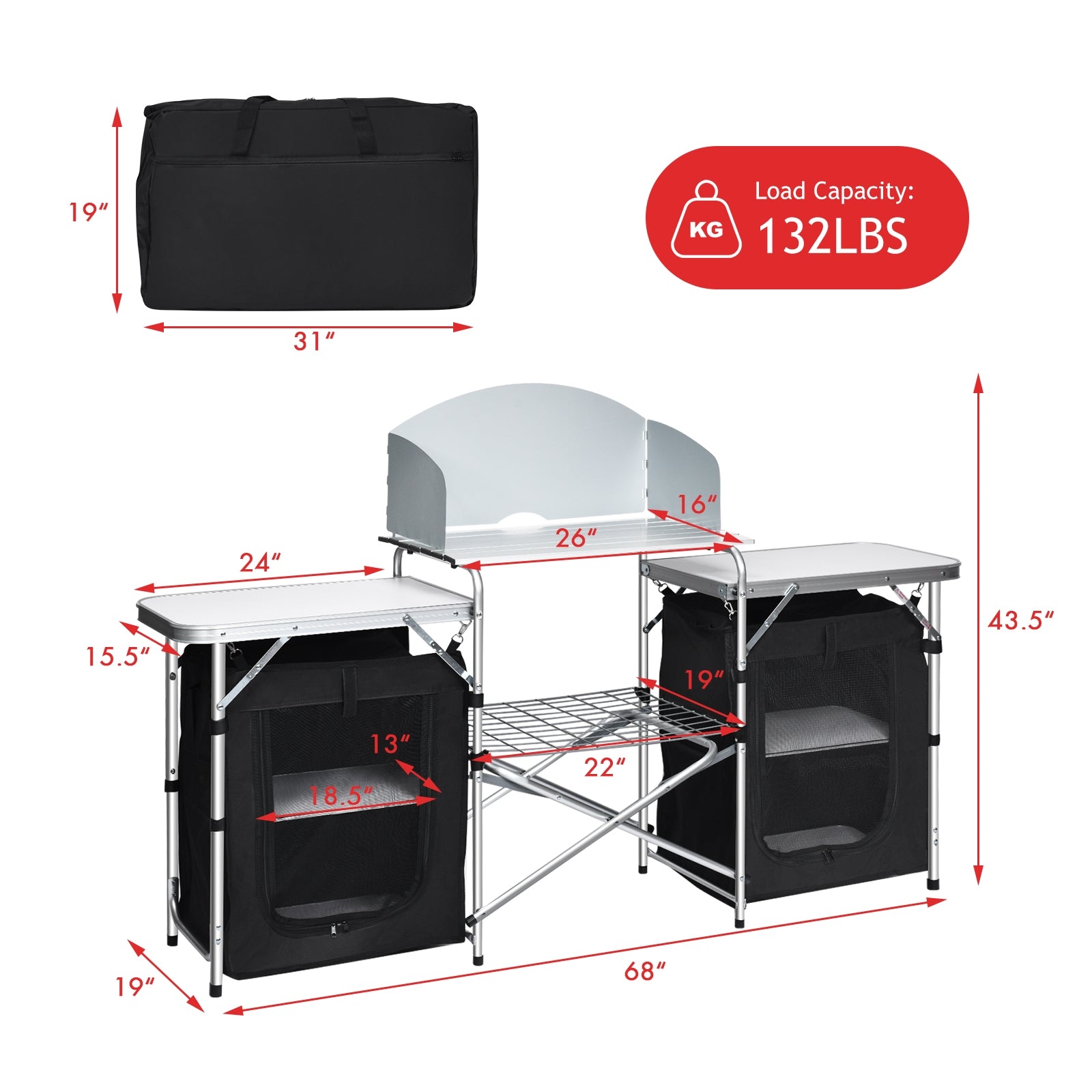 Table de camping pliante avec organisateur de rangement - Noir