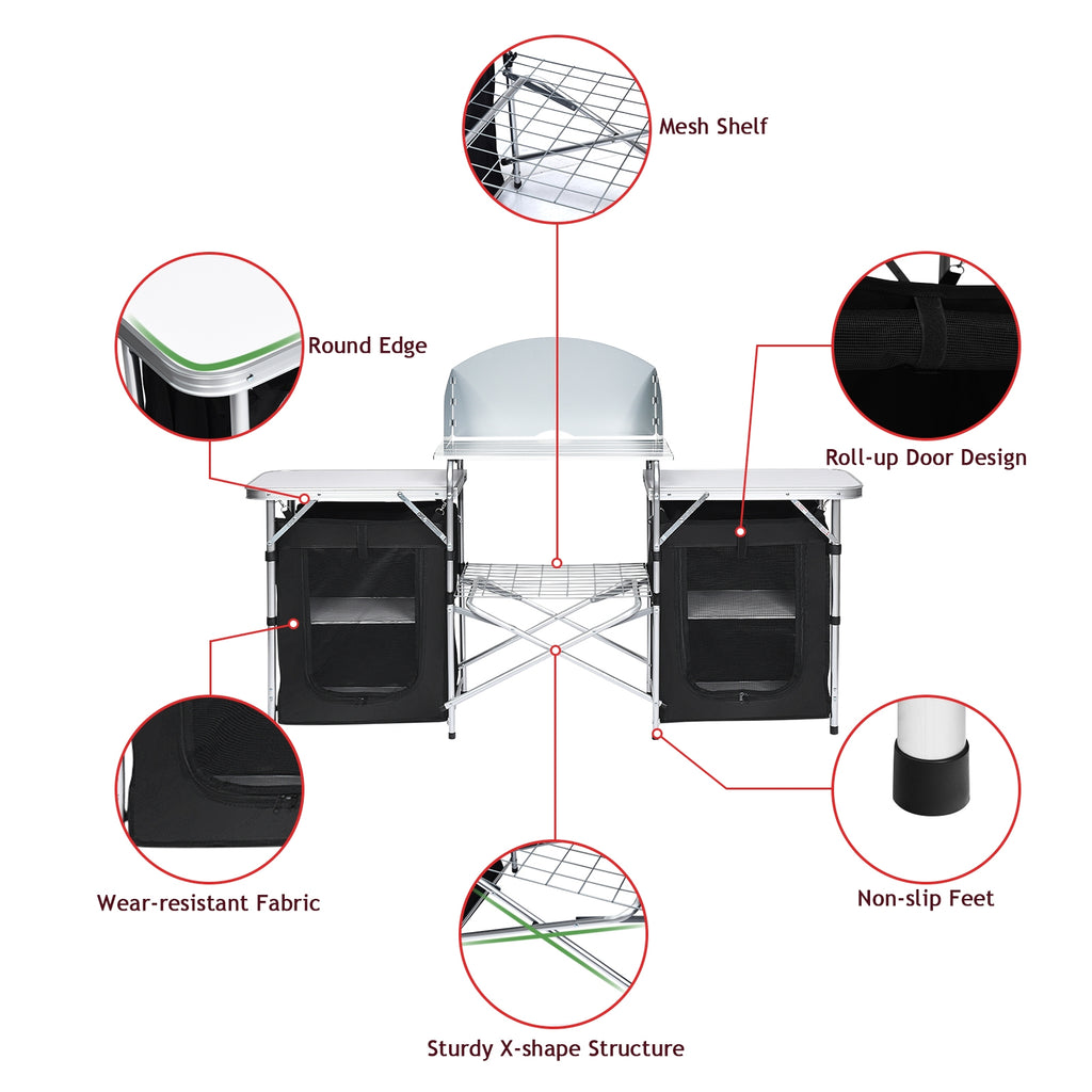 Table de camping pliante avec organisateur de rangement - Noir