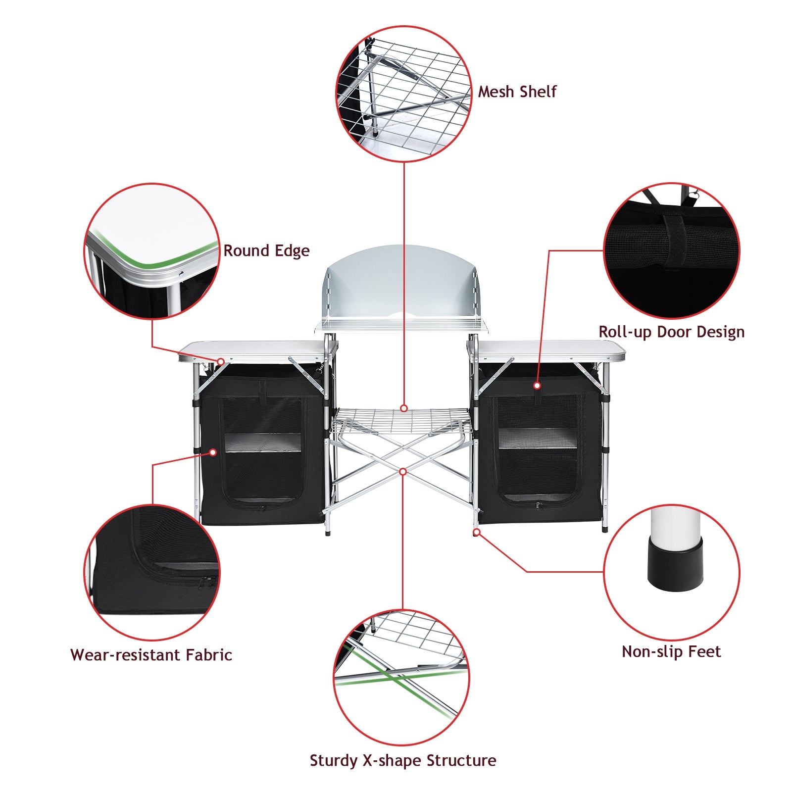 Table de camping pliante avec organisateur de rangement - Noir