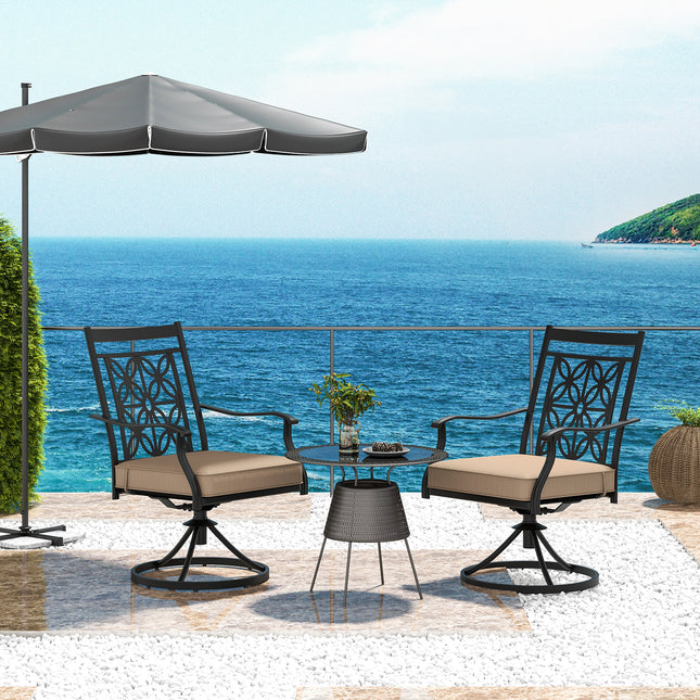 2 Pieces Patio Swivel Dining Chairs with Blossom Pattern Backrest and Cushions-Black