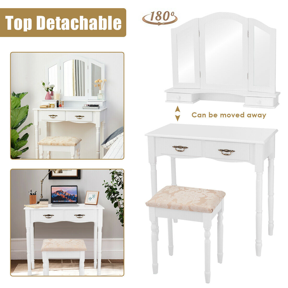 Simple Vanity Set with Tri-Folding Mirror Drawers and Storage Shelf-White