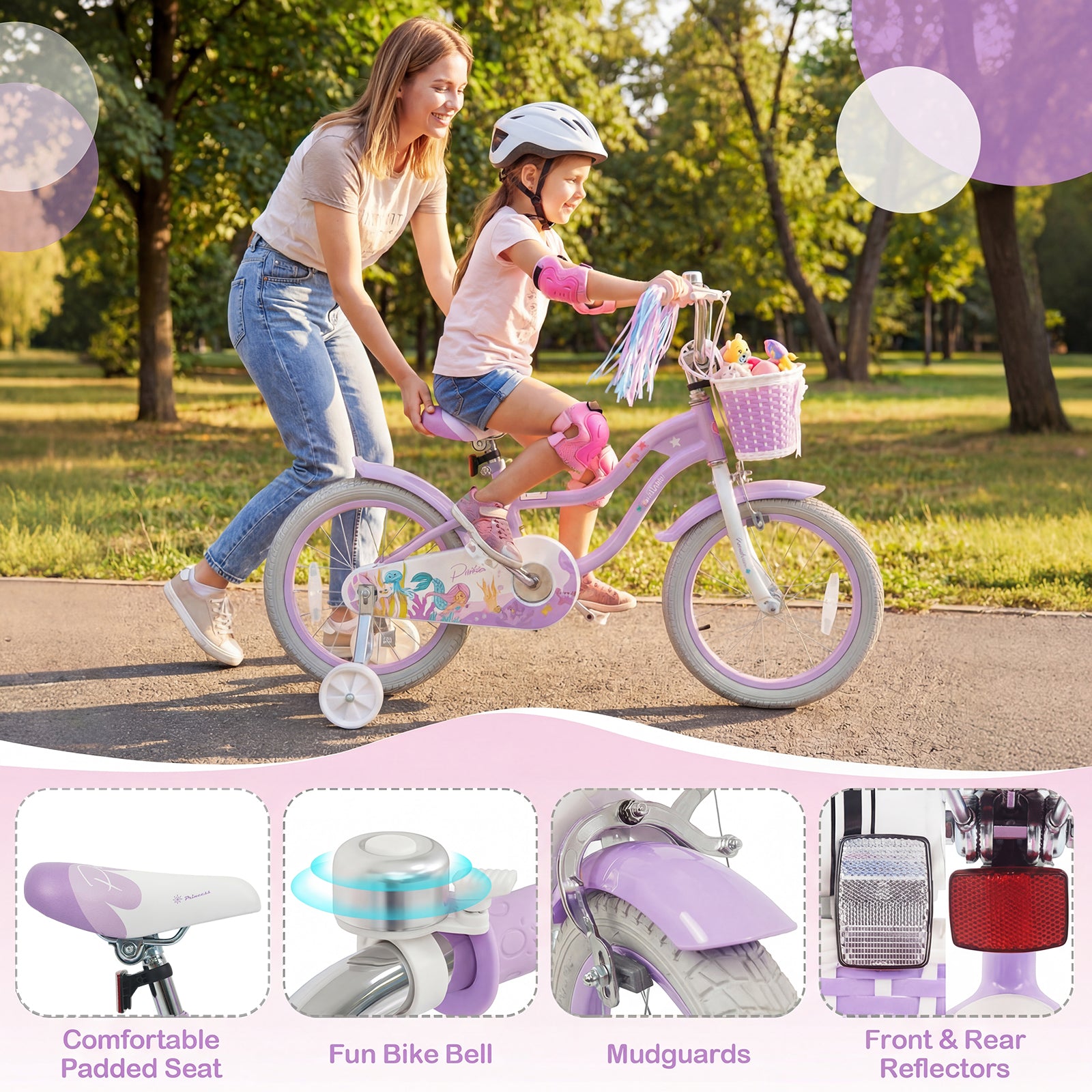 16 Inch Kids Bike Adjustable with Basket and Streamers Purple - Princess of the Sea Theme