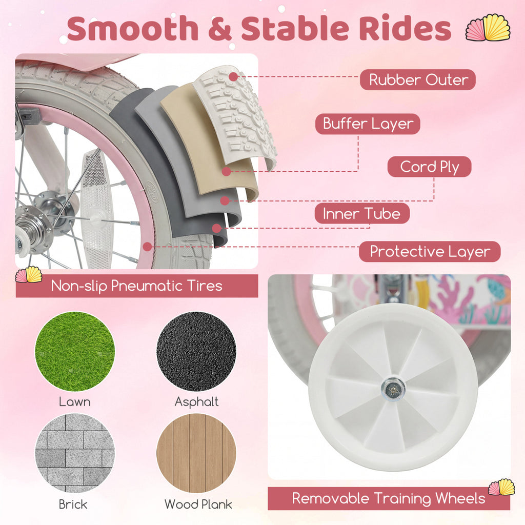 16 Inch Kids Bike Adjustable with Basket and Streamers for Girls Aged 4-7 Years Old Pink