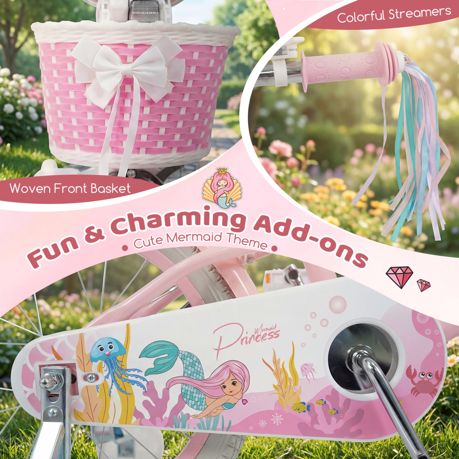 16 Inch Kids Bike Adjustable with Basket and Streamers for Girls Aged 4-7 Years Old Pink