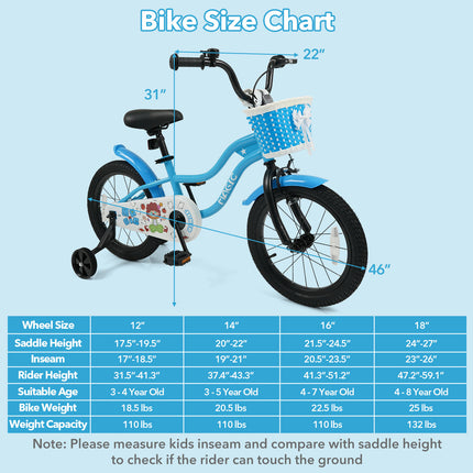 16 Inch Kids Bike with Training Wheels and Basket Navy Color