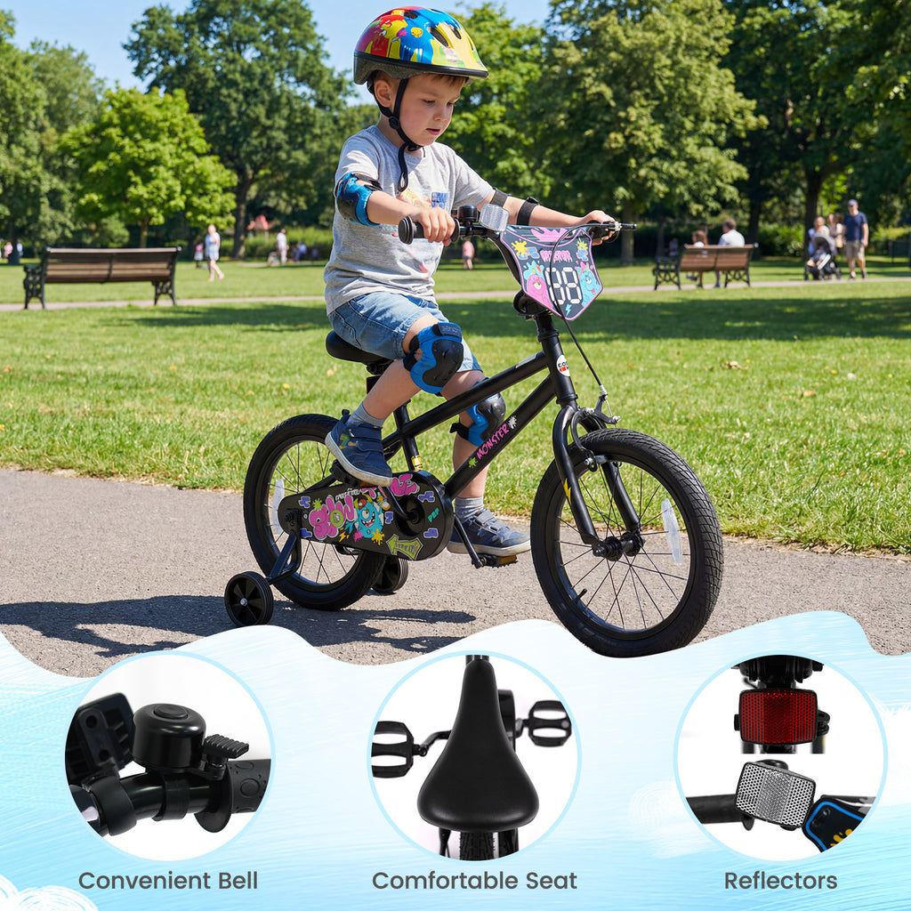 16 Inch Kids Bike with Training Wheels for Ages 4-7 Years Old Black- Street Art Time