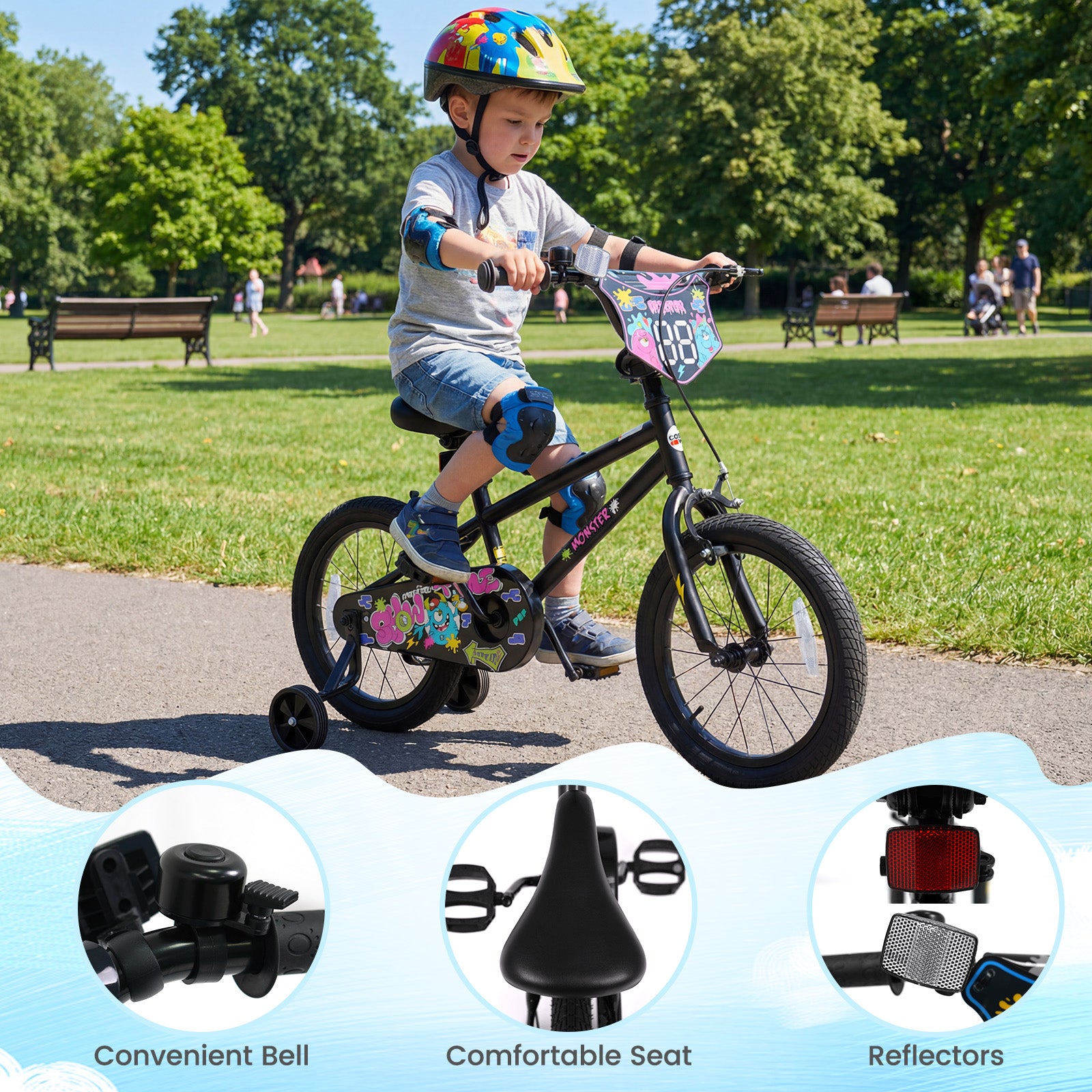 16 Inch Kids Bike with Training Wheels for Ages 4-7 Years Old Black- Street Art Time