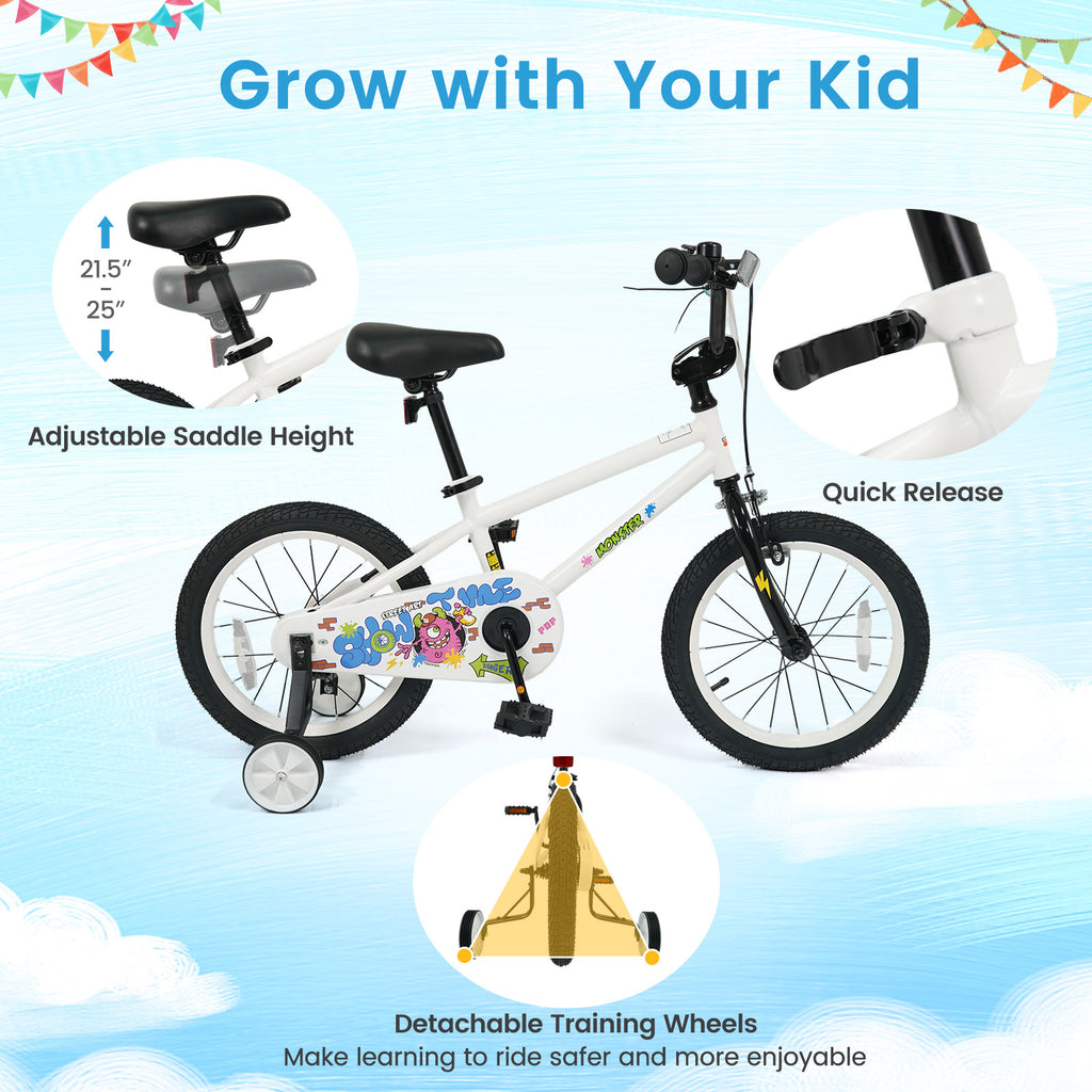 16 Inch Kids Bike with Training Wheels for Ages 4-7 Years Old White- Street Art Time