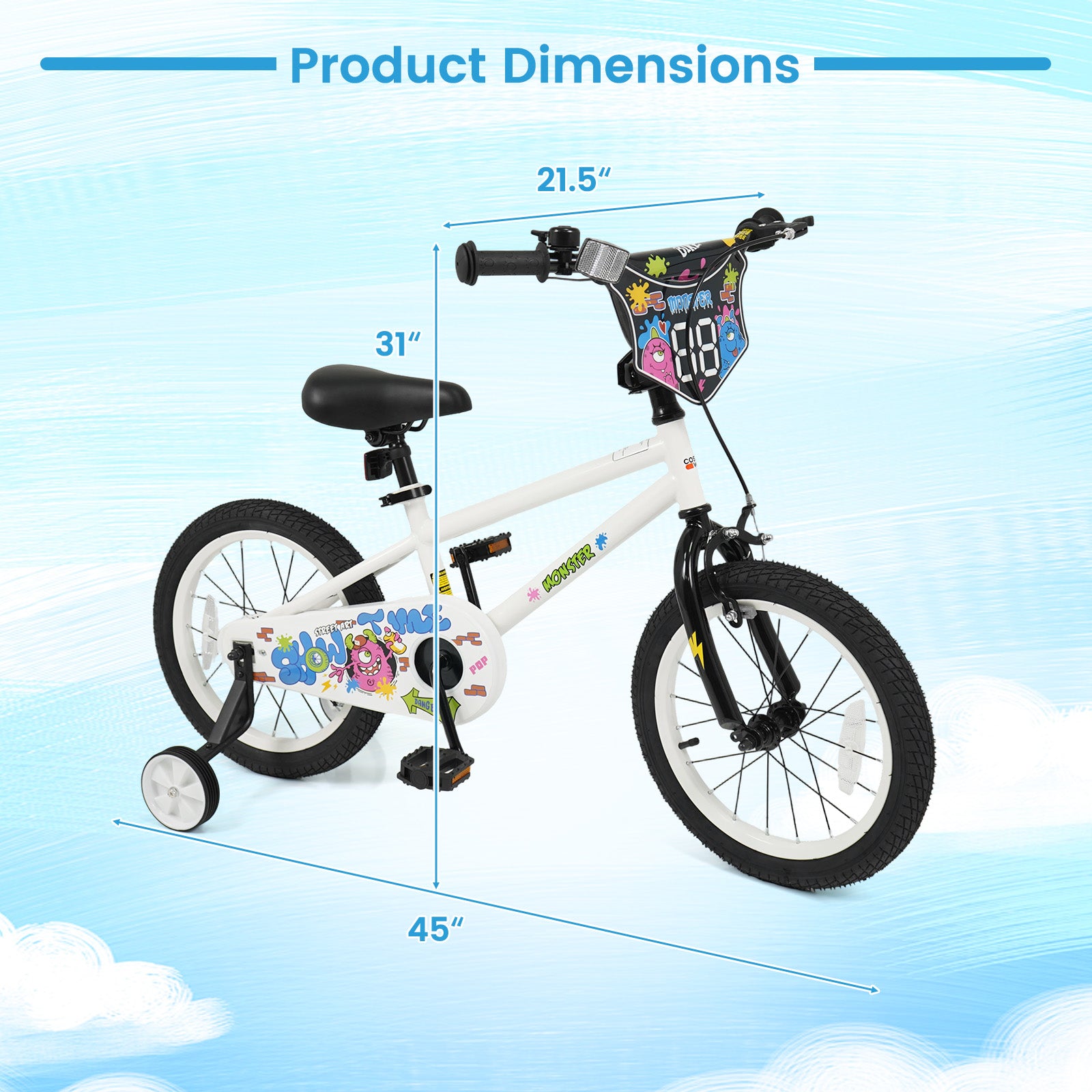 16 Inch Kids Bike with Training Wheels for Ages 4-7 Years Old White- Street Art Time