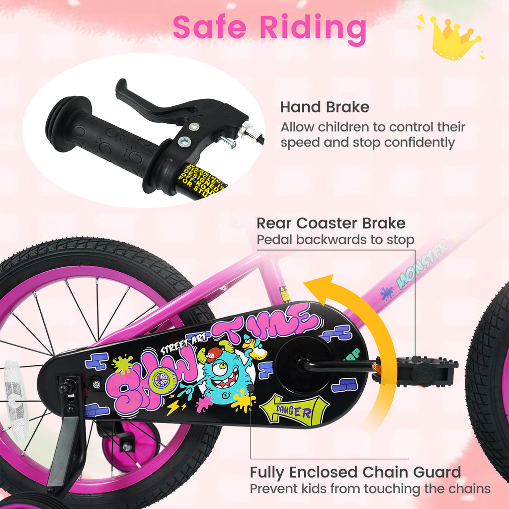 16 Inch Kids Bike with Training Wheels for Ages 4-7 Years Old Pink- Street Art Time