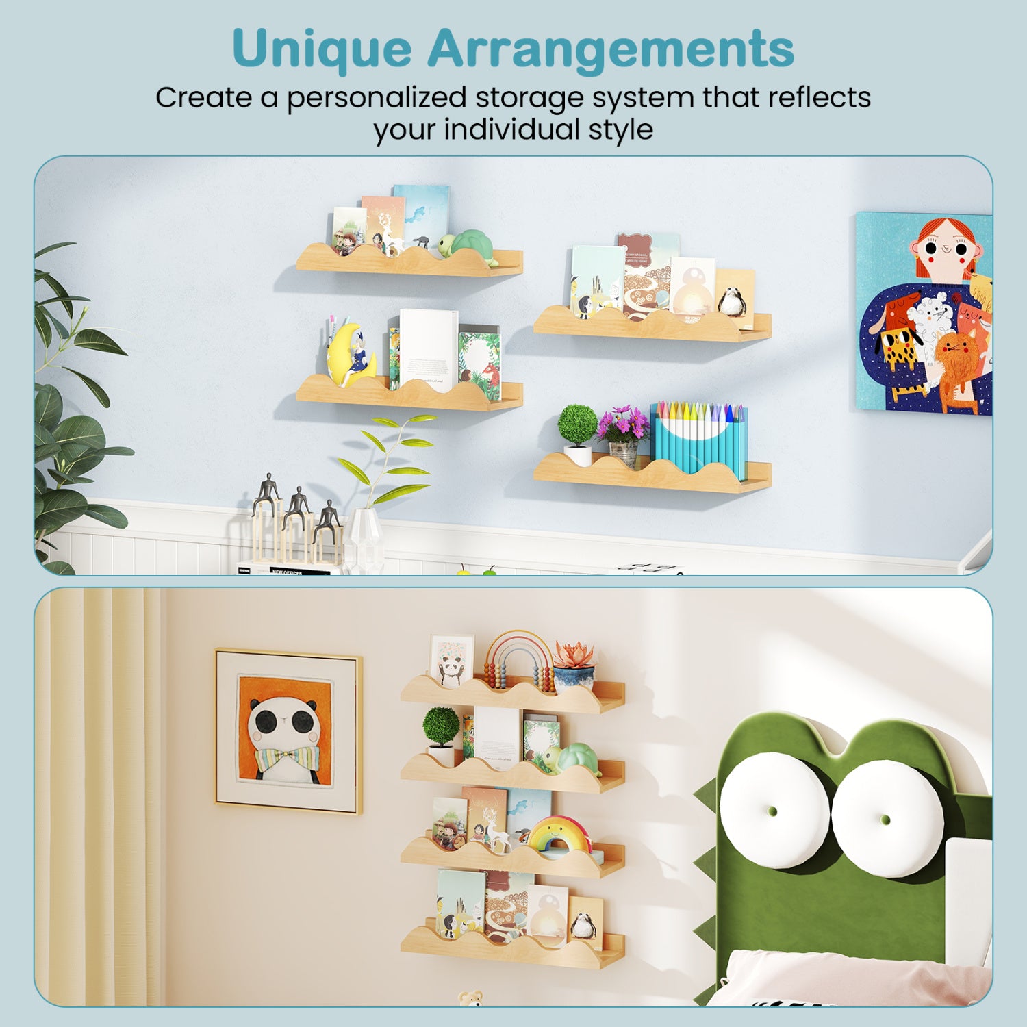 16 Inch Kids Bookshelf Set of 4 Floating Nursery Book Shelves for Decoration Book Toy Storage-Natural