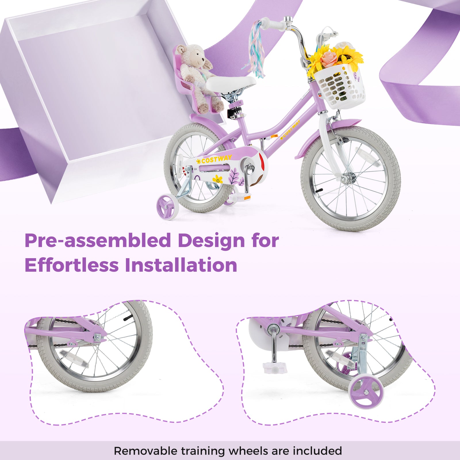 16 Inches Girls Bike Kids Bicycle with Doll Seat and Streamers for Children 4-7 Years Old