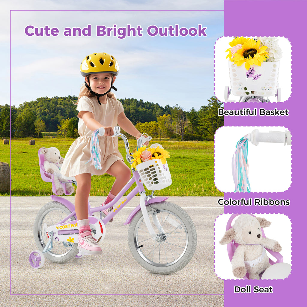 16 Inches Girls Bike Kids Bicycle with Doll Seat and Streamers for Children 4-7 Years Old