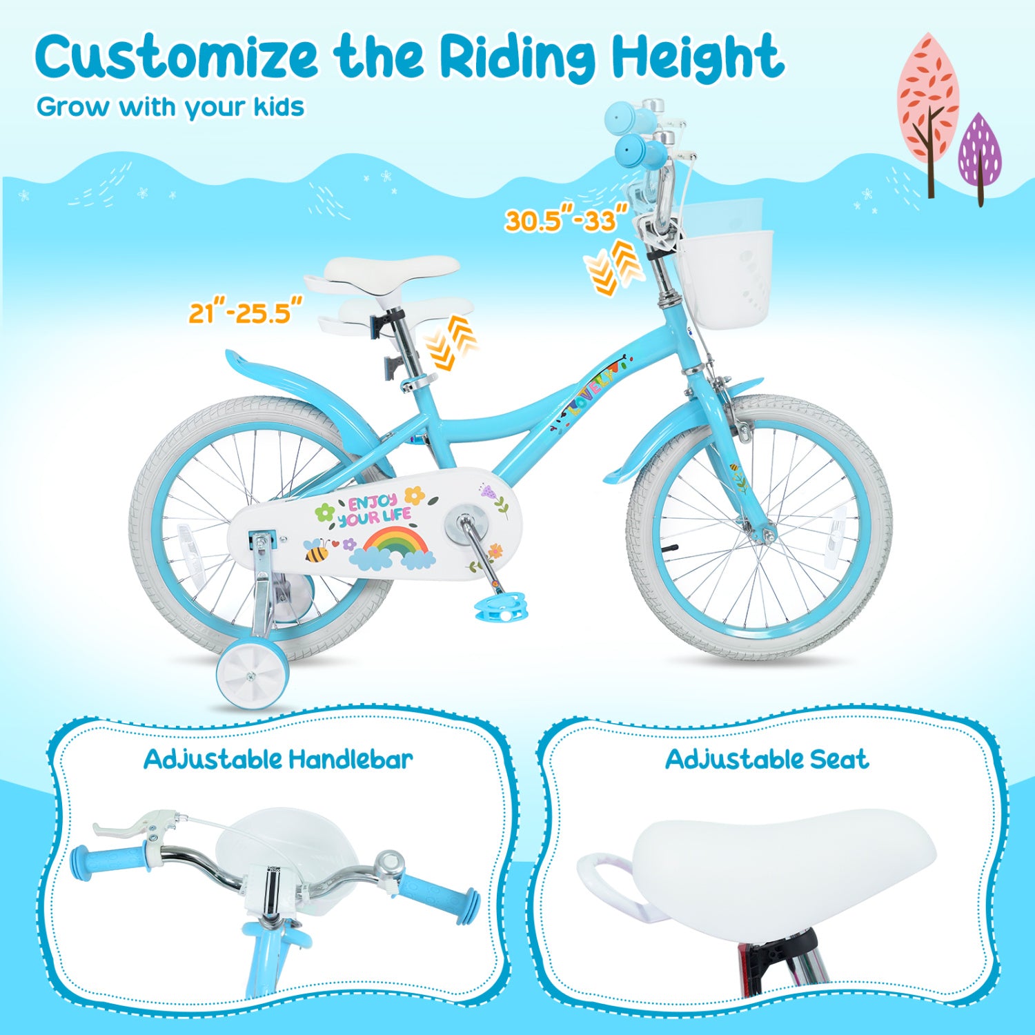 16 Inches Girls Bike for 4-7 Years Old with Training Wheels and Basket Spring Party Blue