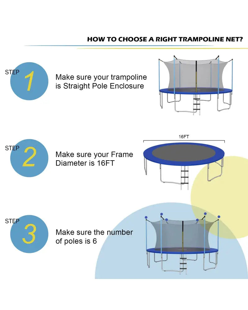 16Ft Replacement Weather-Resistant Trampoline Safety Enclosure Net - Black - Trampoline Accessories