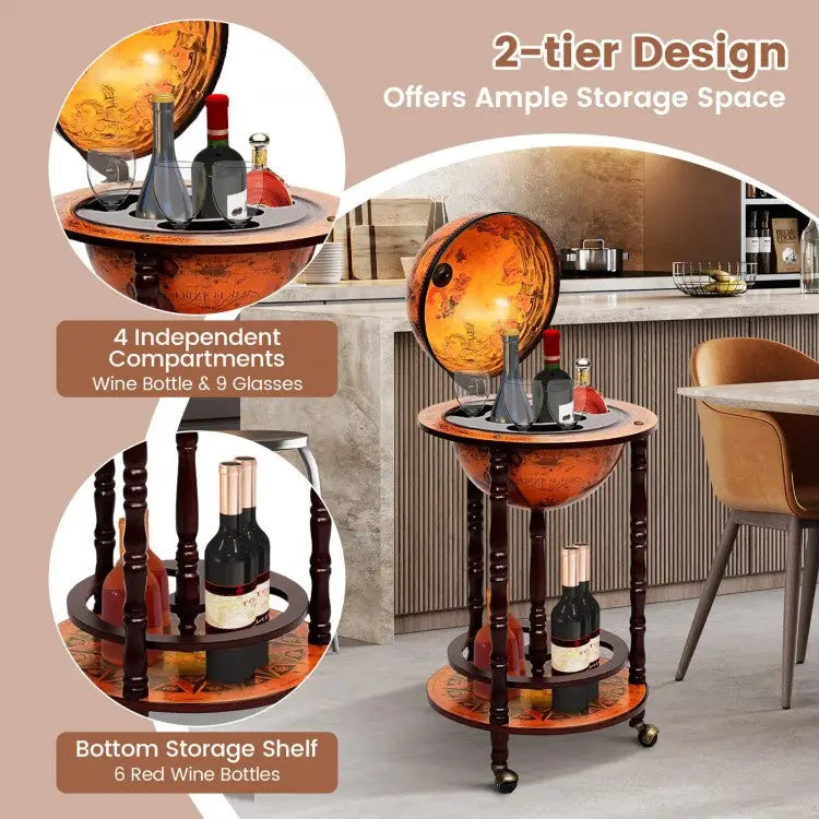 16th Century Wood Globe Wine Bar Stand - Dark Red - Wine Racks
