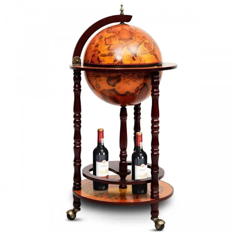 A wooden globe bar cart with a warm orange-brown map design on the globe and circular shelves, shown on a plain white background with two wine bottles displayed on the lower shelf.