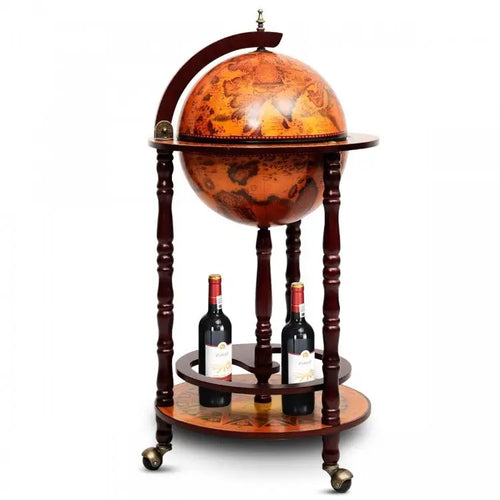 A wooden globe bar cart with a warm orange-brown map design on the globe and circular shelves, shown on a plain white background with two wine bottles displayed on the lower shelf.
