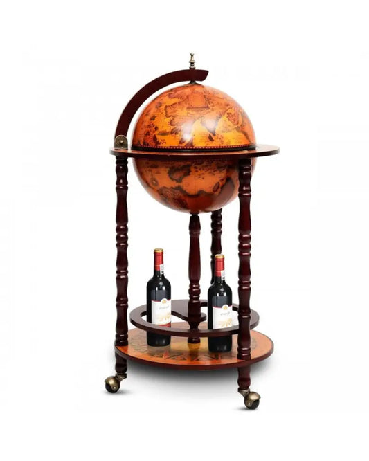 A wooden globe bar cart with a warm orange-brown map design on the globe and circular shelves, shown on a plain white background with two wine bottles displayed on the lower shelf.