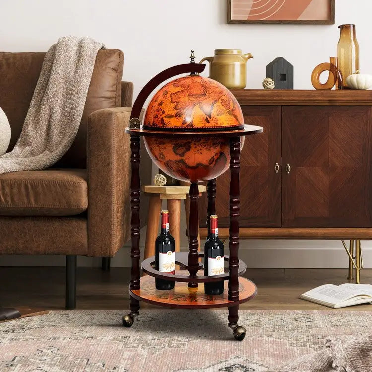 16th Century Wood Globe Wine Bar Stand - Dark Red - Wine Racks