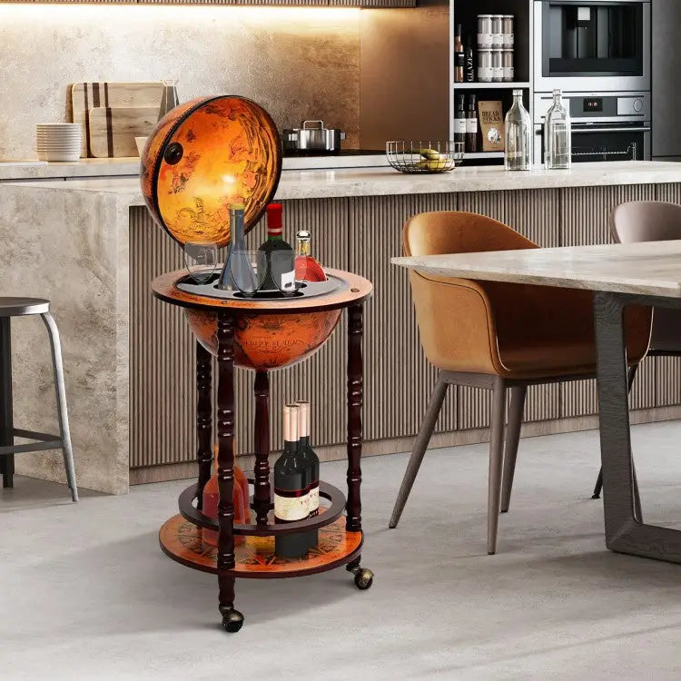 16th Century Wood Globe Wine Bar Stand - Dark Red - Wine Racks