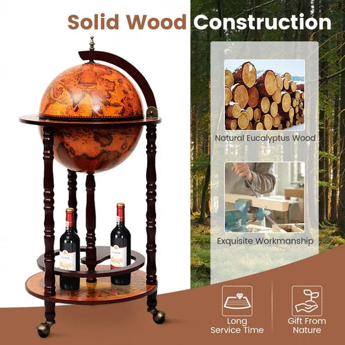 16th Century Wood Globe Wine Bar Stand - Dark Red - Wine Racks
