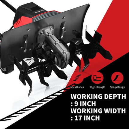 17-Inch 13.5 Amp Corded Electric Tiller and Cultivator 9-Inch Tilling Depth - Black & Red - Garden Tools