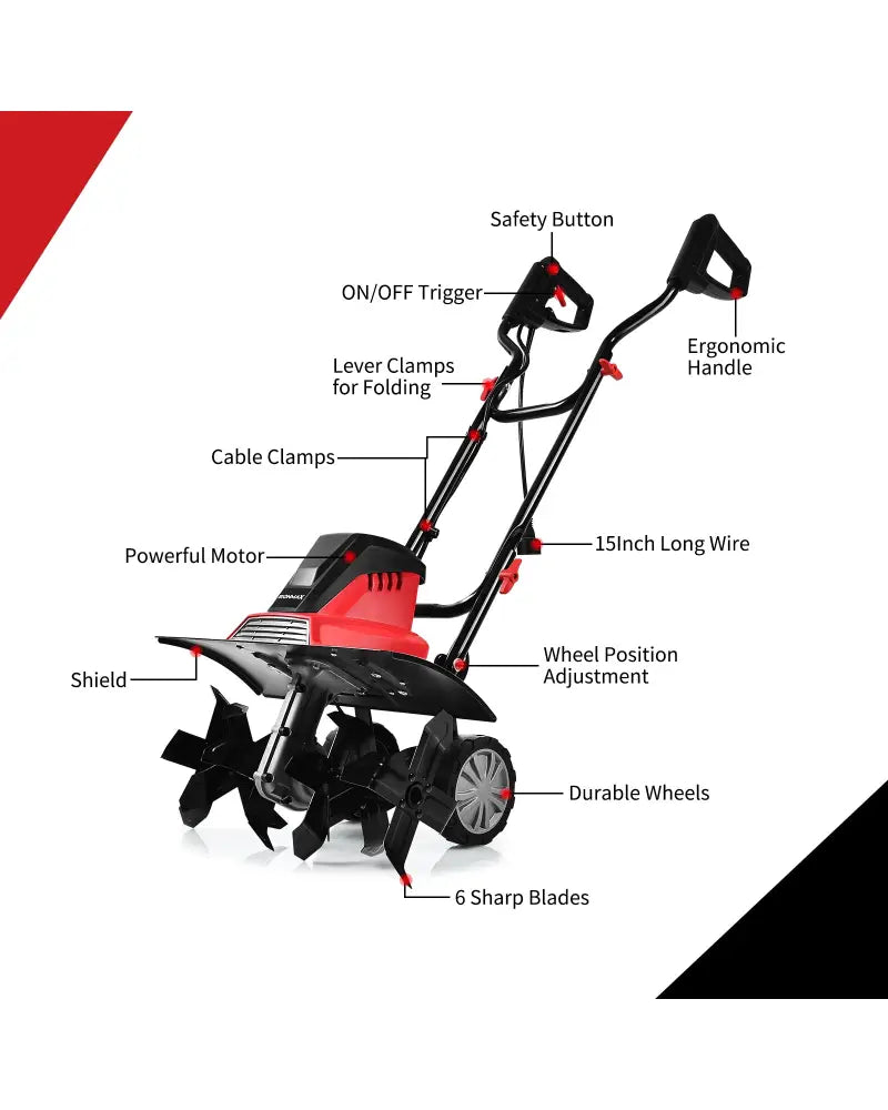 17-Inch 13.5 Amp Corded Electric Tiller and Cultivator 9-Inch Tilling Depth - Black & Red - Garden Tools