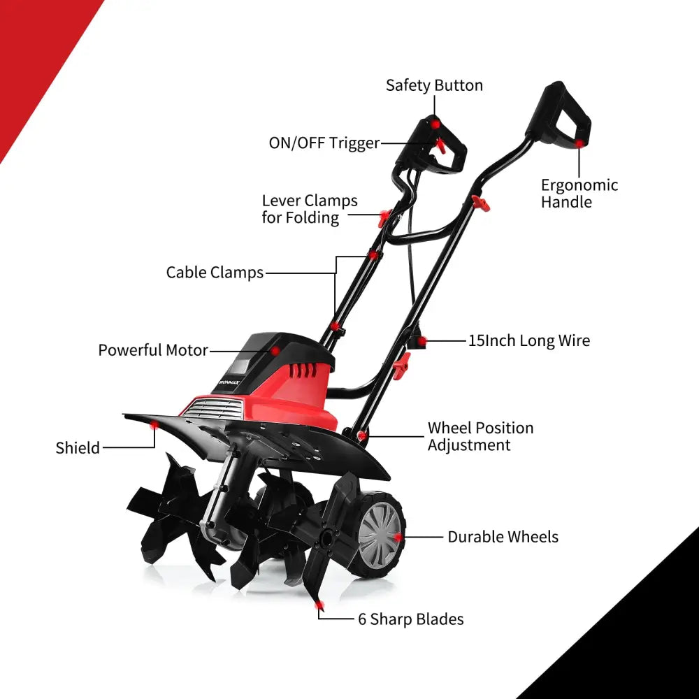 17-Inch 13.5 Amp Corded Electric Tiller and Cultivator 9-Inch Tilling Depth - Black & Red - Garden Tools