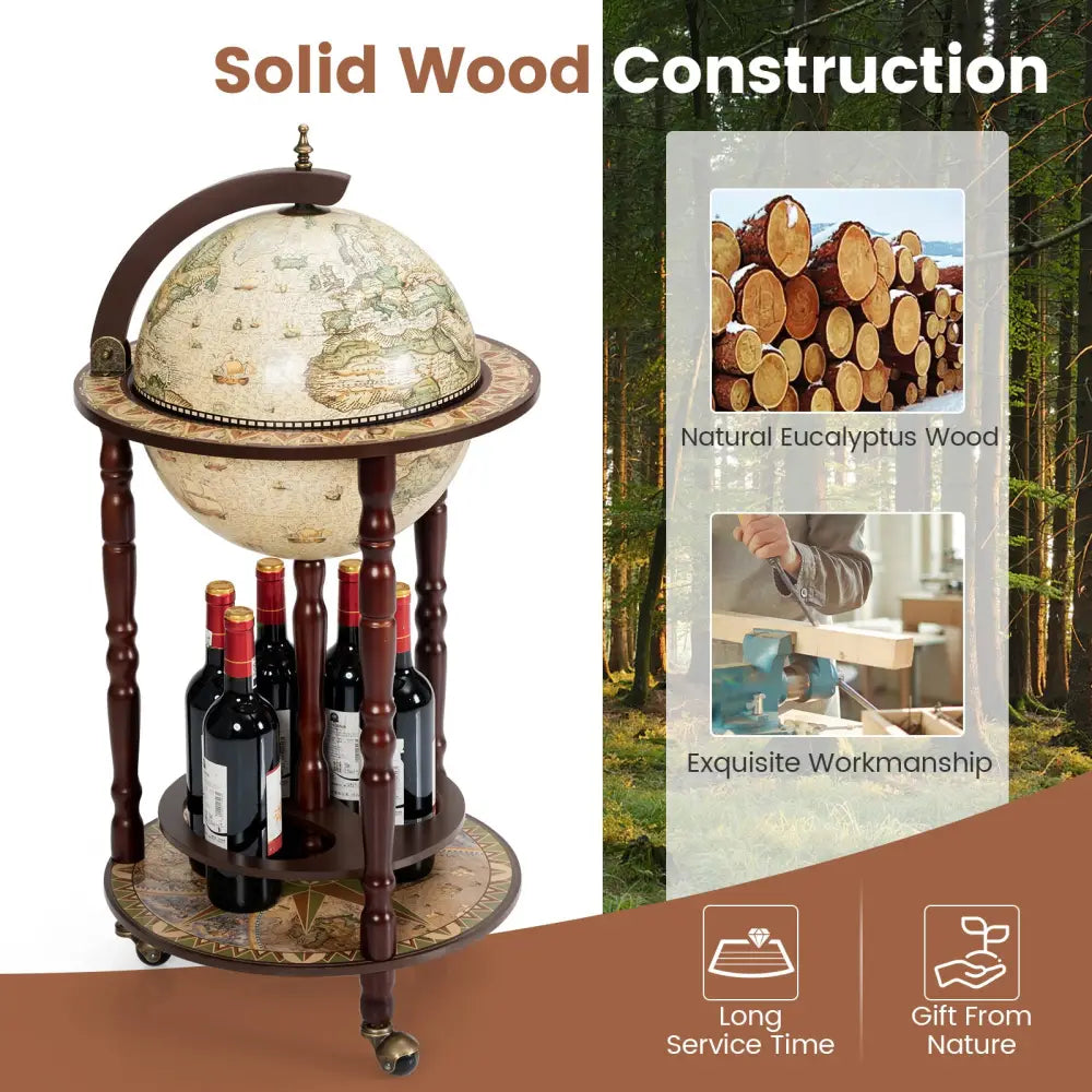 17 Inch Italian Style Design Wooden Globe Liquor Bottle Wine Rack with Wheels - White - Wine Racks