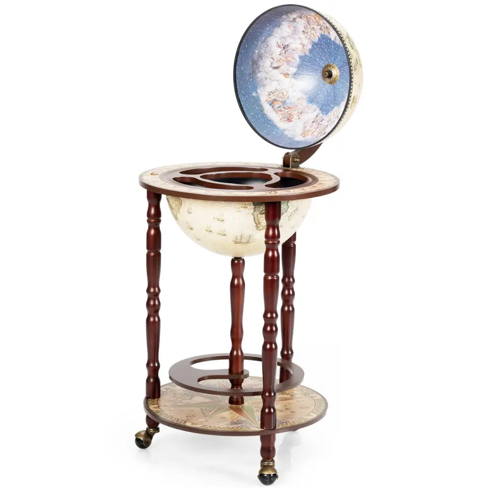 17 Inch Italian Style Design Wooden Globe Liquor Bottle Wine Rack with Wheels - White - Wine Racks