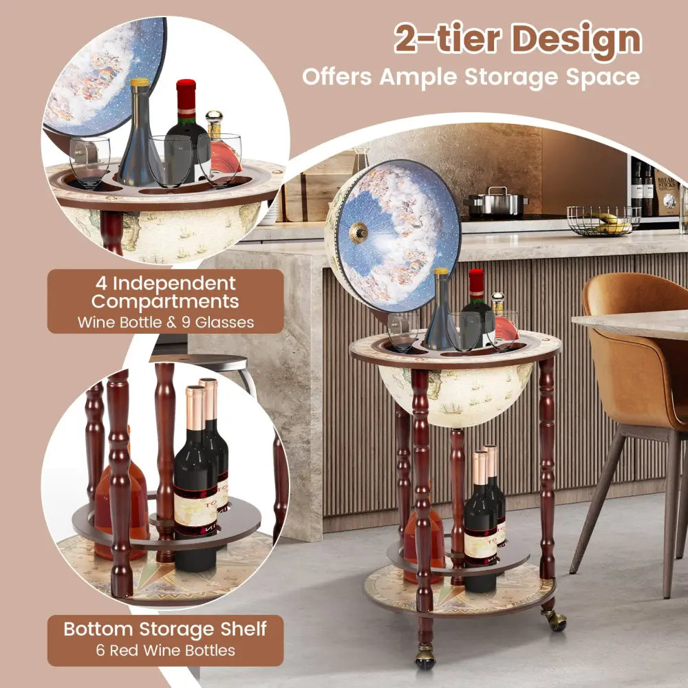 17 Inch Italian Style Design Wooden Globe Liquor Bottle Wine Rack with Wheels - White - Wine Racks