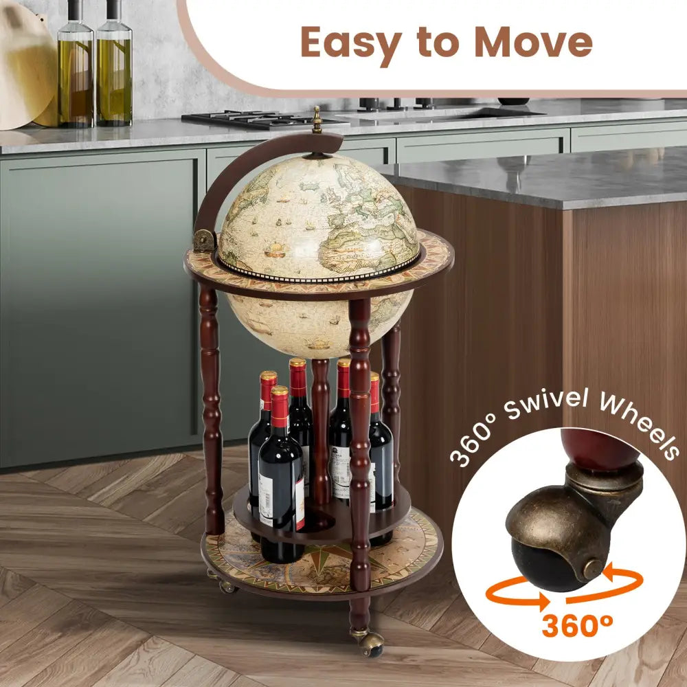 17 Inch Italian Style Design Wooden Globe Liquor Bottle Wine Rack with Wheels - White - Wine Racks