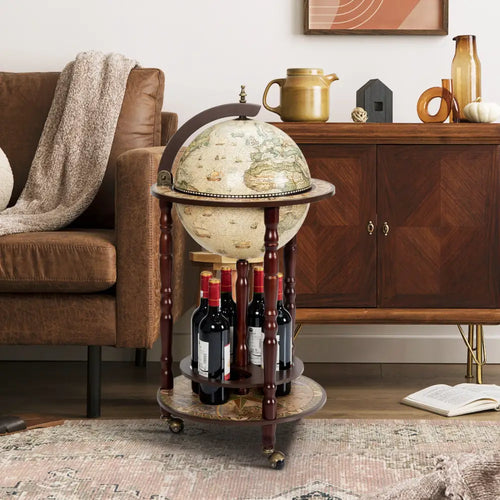 17 Inch Italian Style Design Wooden Globe Liquor Bottle Wine Rack with Wheels - White - Wine Racks