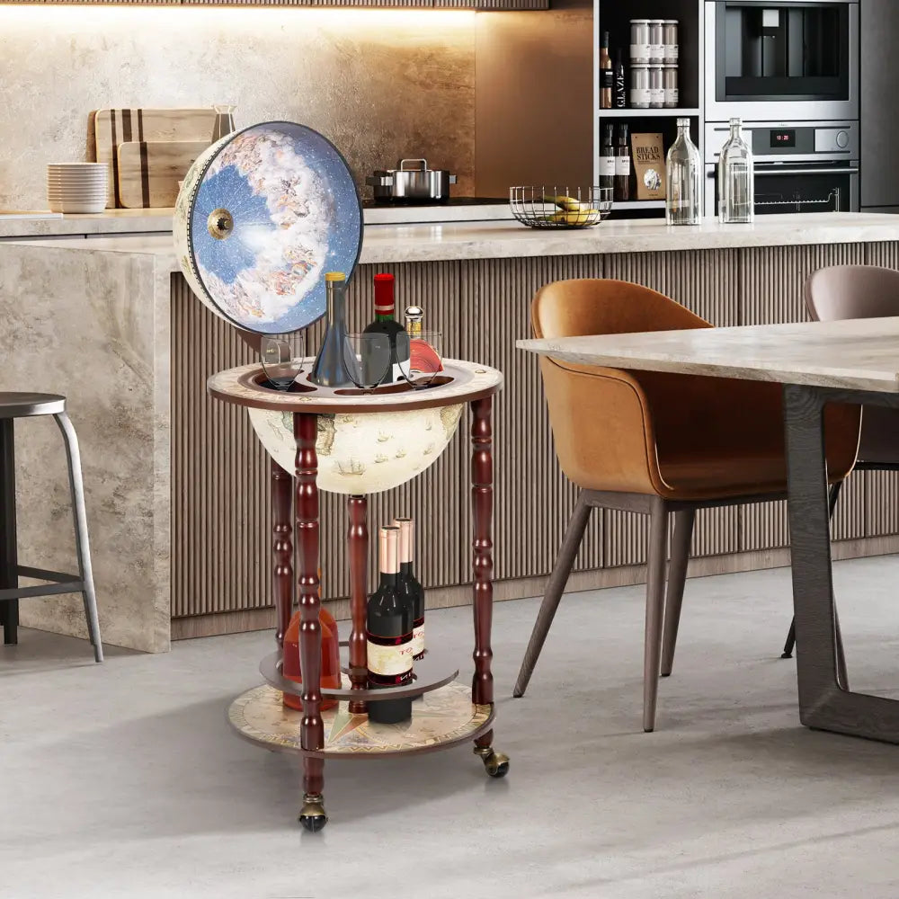 17 Inch Italian Style Design Wooden Globe Liquor Bottle Wine Rack with Wheels - White - Wine Racks