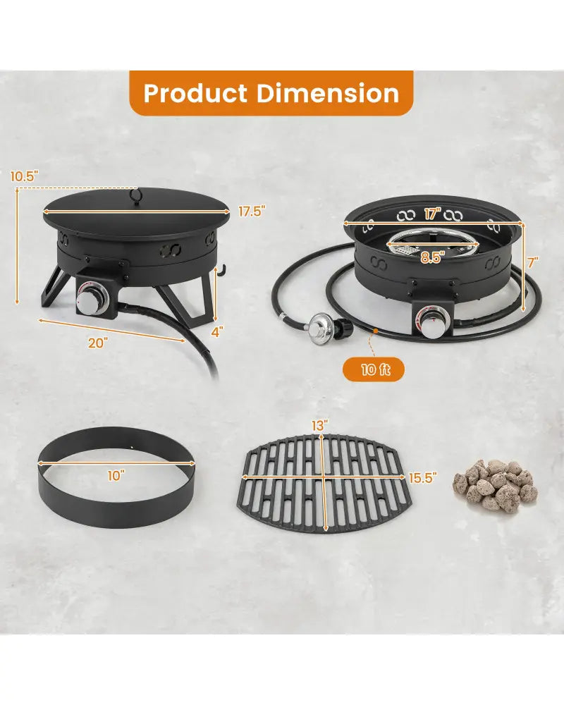 17 Inch Portable Gas Fire Pit with Folding Legs and Removable Grill for Camping-Black - Black - Fire Pits