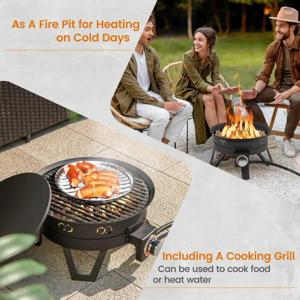 17 Inch Portable Gas Fire Pit with Folding Legs and Removable Grill for Camping-Black - Black - Fire Pits