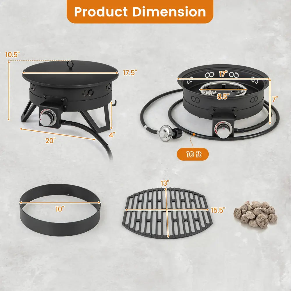17 Inch Portable Gas Fire Pit with Folding Legs and Removable Grill for Camping-Black - Black - Fire Pits