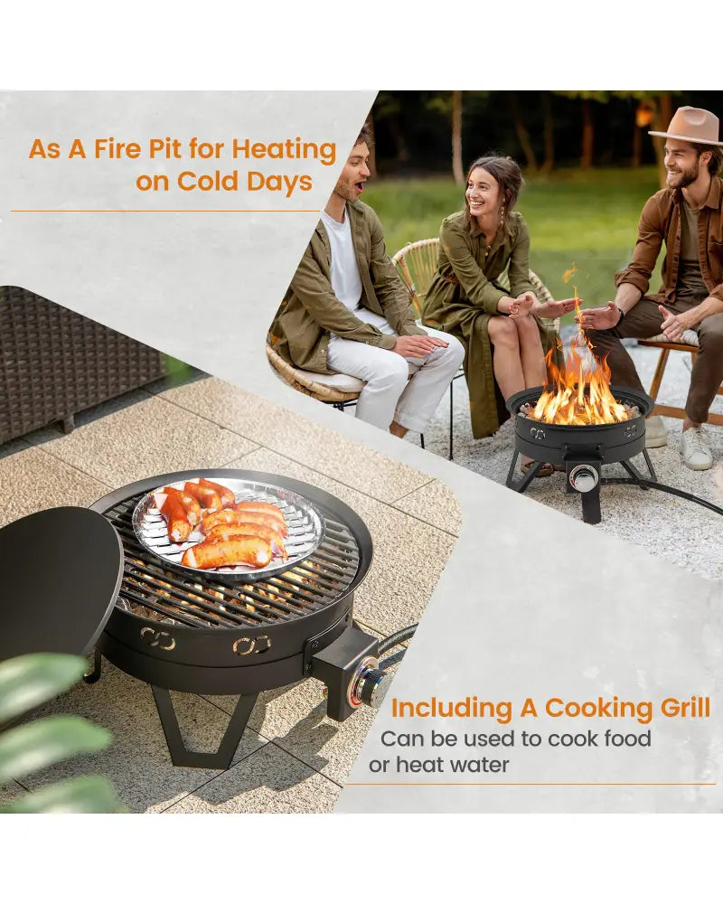 17 Inch Portable Gas Fire Pit with Folding Legs and Removable Grill for Camping-Black - Black - Fire Pits
