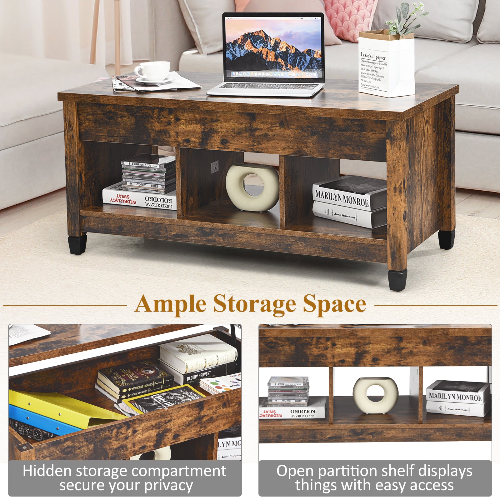 Lift Top Coffee Table with Hidden Storage Compartment- Brown