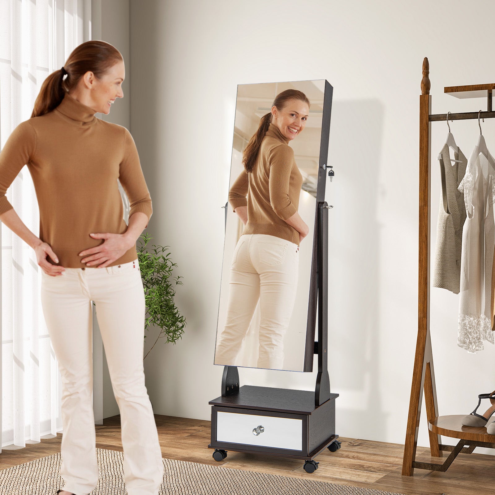 47 Inch Lockable Jewelry Cabinet Armoire with 3-Color LED Lights-Brown
