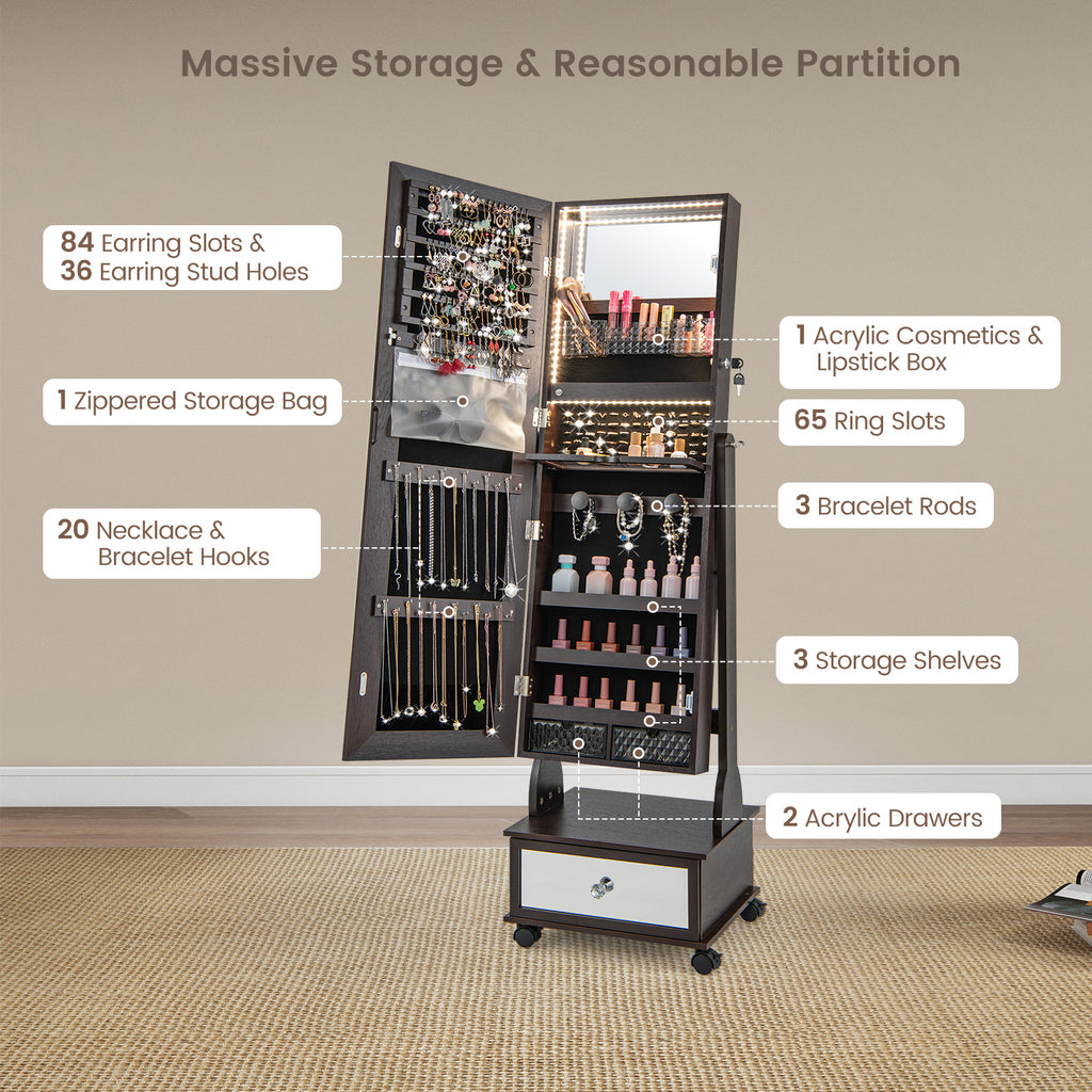 47 Inch Lockable Jewelry Cabinet Armoire with 3-Color LED Lights-Brown