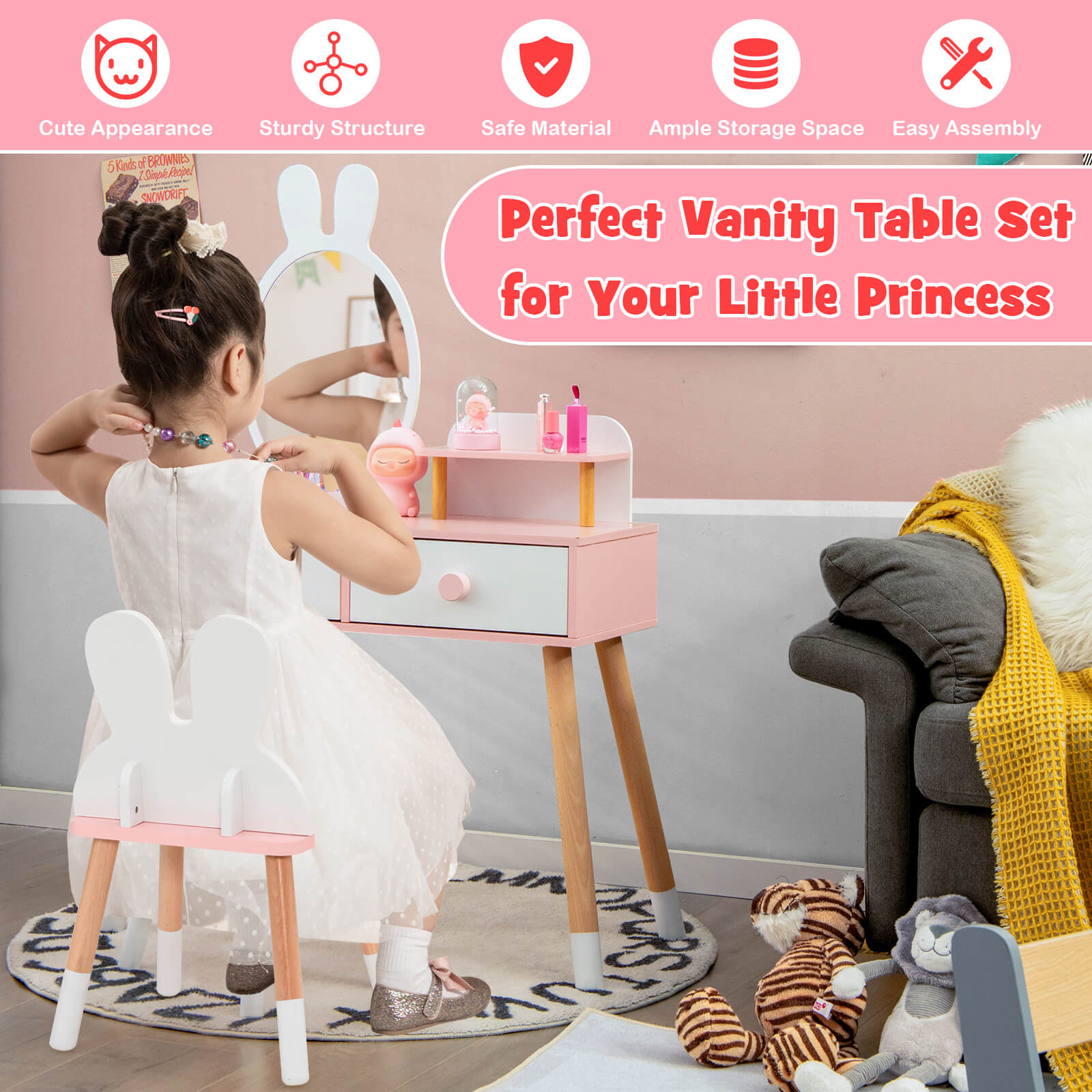 Kids Vanity Table and Chair Set with Drawer Shelf and Rabbit Mirror-White