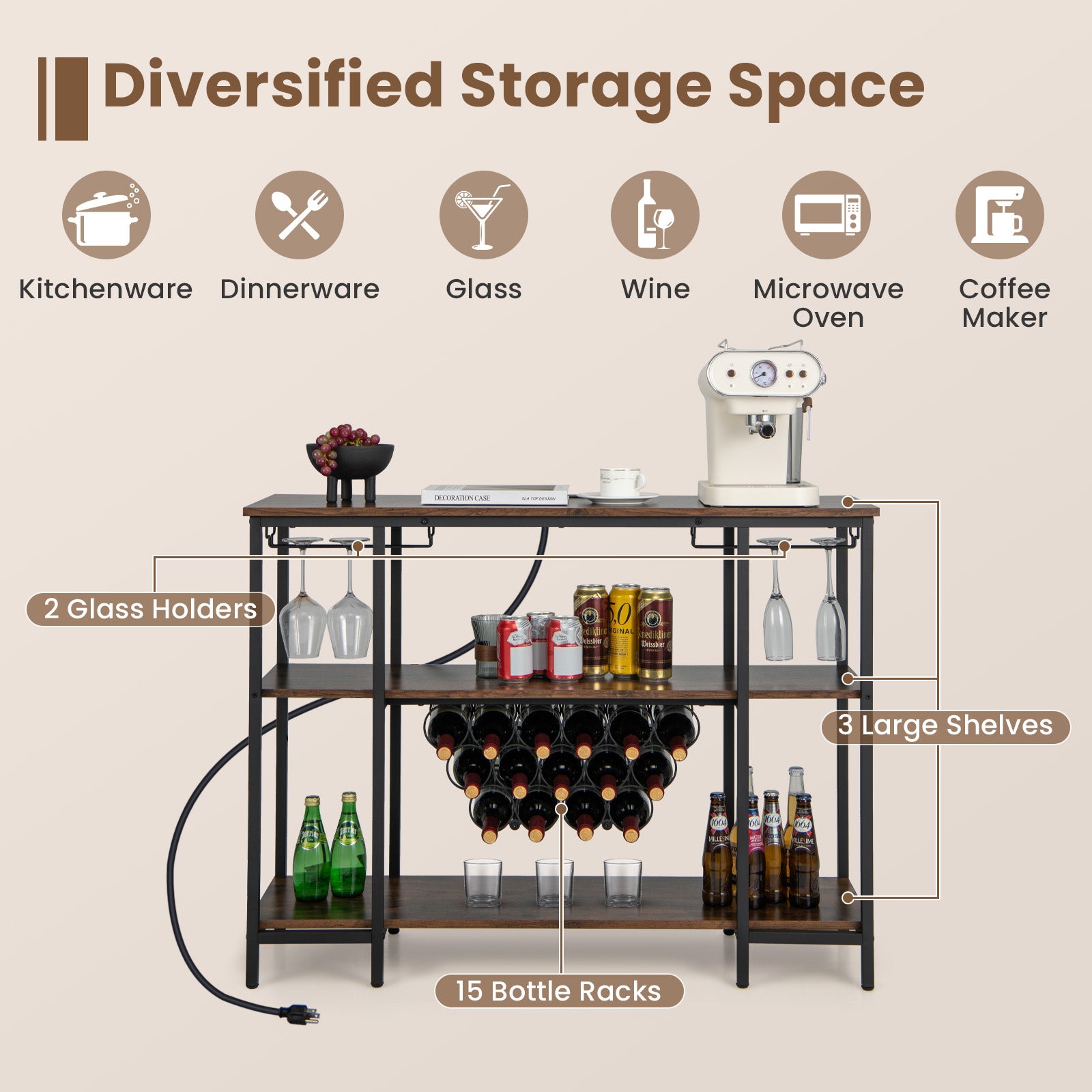 Industrial Wine Rack Wine Bar Cabinet with Storage Shelves-Brown