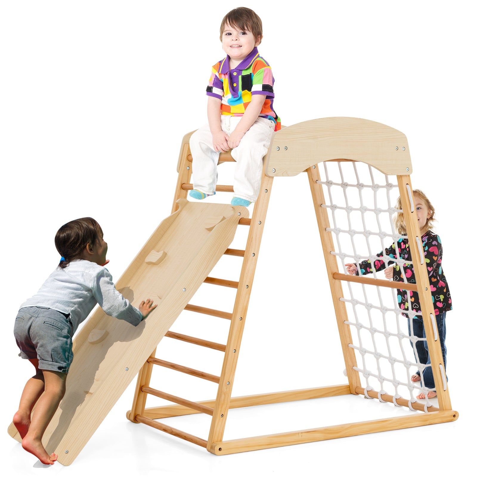 6-in-1 Jungle Gym Wooden Indoor Playground with Double-Sided Ramp and Monkey Bars-Natural