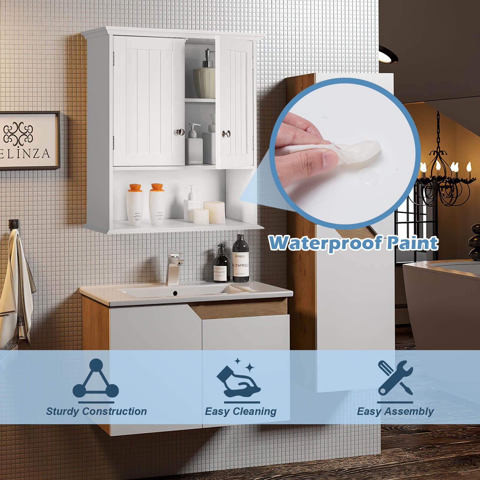 Wall Mount Bathroom Cabinet Storage Organizer with Doors and Shelves-White